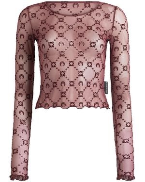 Marine Serre Moonogram Mesh Flock Long Sleeve Crop Top - Red