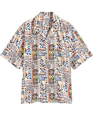 Beams Plus Print Loose Open Collar Shirt - Blue