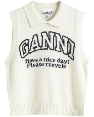 Ganni Graphic Wool Mix Collar Vest - White
