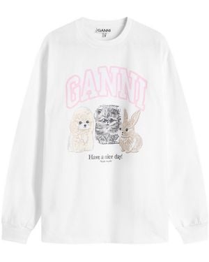 Ganni Re-Cut Heavy Jersey Animals Long Sleeve Top - White