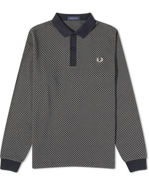 Fred Perry Micro Chequerboard Long Sleeve Polo Shirt - Grey