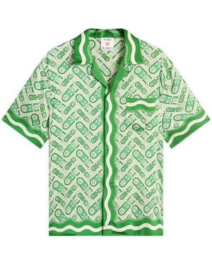 CASABLANCA Cuban Collar Short Sleeve Patterned Silk Shirt - Green