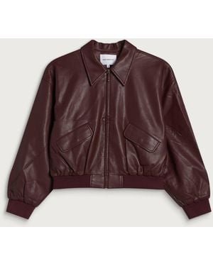 GOOD AMERICAN Leather Cropped Bomber Jacket - Brown
