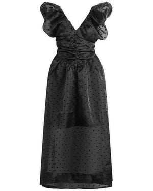 Ganni Flocked Organza Long Ruched Dress - Black