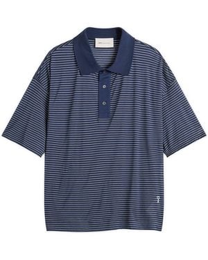 Ami Paris Striped Boxy Fit Polo With Ami De Coeur Patch - Blue
