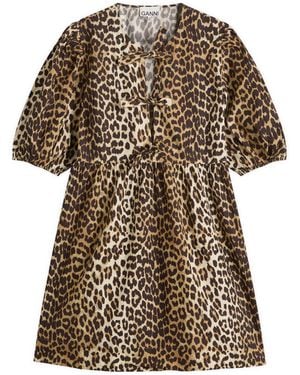 Ganni Printed Cotton Tie String Mini Dress - Brown
