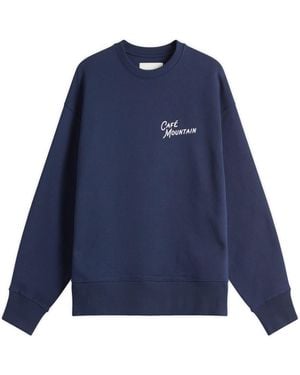 Cafe Mountain Embroidered Script Crew Sweatshirt - Blue