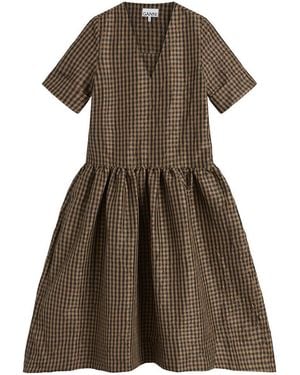 Ganni Check Long Dress - Brown