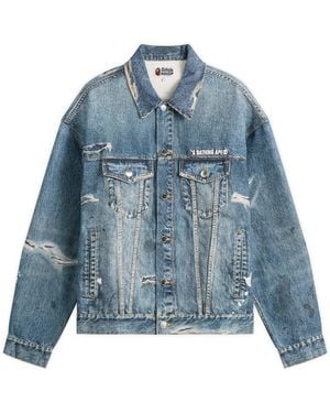 A Bathing Ape Fake Print Trucker Jacket - Blue