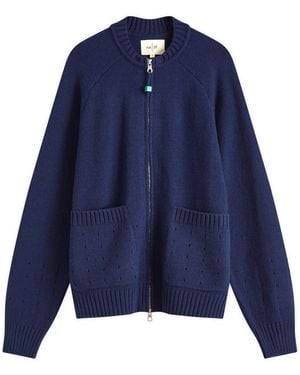 Folk Pointelle Knit Bomber Jacket - Blue