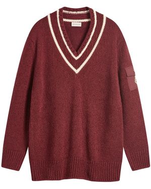 Moncler V-Neck Varsity Sweater - Red