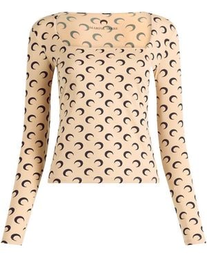 Marine Serre Moon Printed Long Sleeve Squareneck Top - Natural