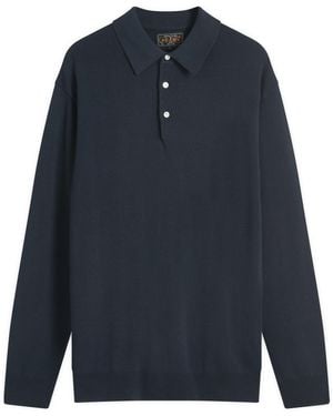 Beams Plus 12G Knit Long Sleeve Polo Shirt - Blue