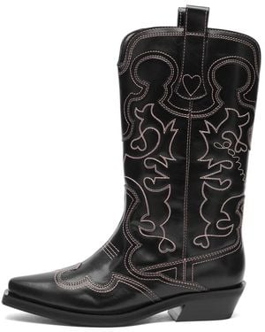 Ganni Mid Shaft Embroidered Western Boots - Black