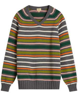 DONNI. Cotton Cashmere Stripe V-Neck Sweater - Green