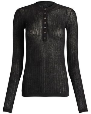 Skims Sheer Knit Long Sleeve Henley Top - Black