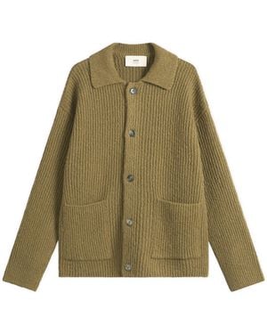 Ami Paris Felted And Chunky Wool Ribbed Knit Cardigan - Green