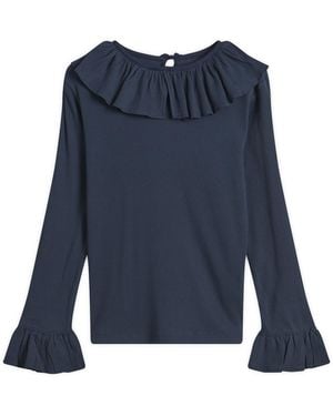Beams Boy Rib Knitted Ruffle Gathered Long Sleeve T-Shirt - Blue