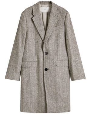 Ami Paris Herringbone Two Button Overcoat - Grey