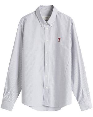 Ami Paris Heart Striped Button Down Oxford Shirt - White