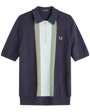 Fred Perry Textured Stripe Knitted Zip Polo Shirt - Blue