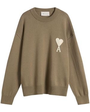 Ami Paris Crewneck Jumper With Contrasted Ami De Coeur - Green