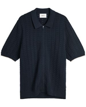 NN07 Gustav Pointelle Stitch Zip Polo - Blue