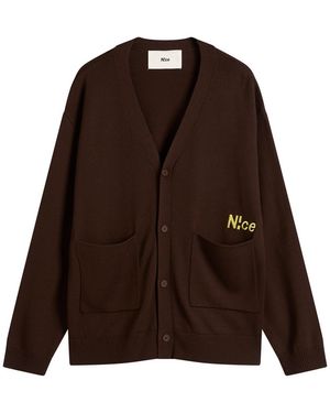 N!CE Embroidered Logo Knit Cardigan - Brown