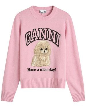 Ganni Graphic Wool Mix Poodle Crewneck - Pink