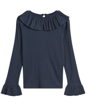 Beams Boy Rib Knitted Ruffle Gathered Long Sleeve T-Shirt - Blue