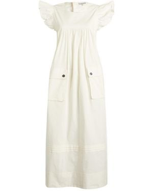Ganni Stretch Cotton Frill Sleeve Dress - White