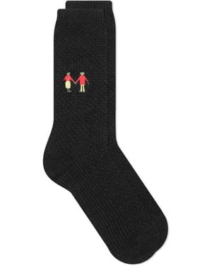 Folk Embroidery Waffle Socks - Black