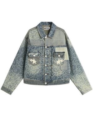 A Bathing Ape Cloud Camo Upcycled Denim Trucker Jacket - Blue