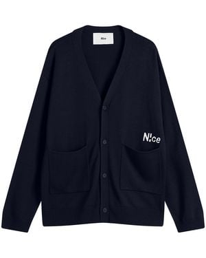 N!CE Embroidered Logo Knit Cardigan - Blue
