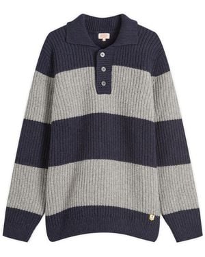 Armor Lux Stripe Knit Rugby Jumper - Blue