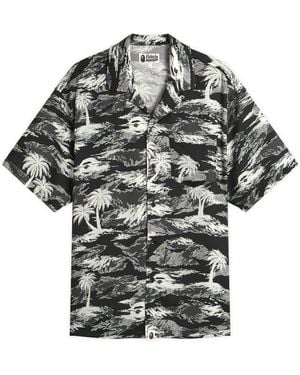 A Bathing Ape Palm Tree Camo Open Collar Pocket Ss Shirt - Black
