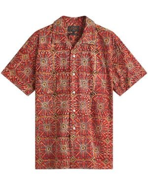 Beams Plus Open Collar Block Print Flower Shirt - Red