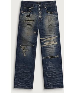 THUG CLUB Skull Stitch Ripped Denim Trousers - Blue
