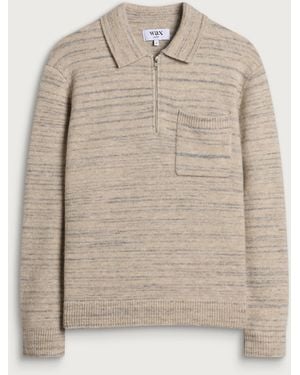 Wax London Alpha Zip Space Dye Long Sleeve Polo - Natural