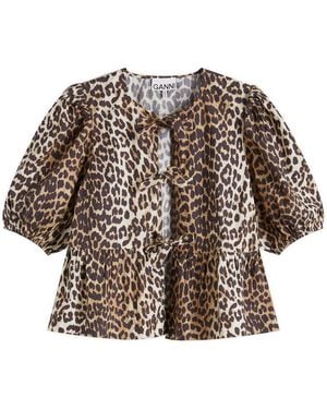 Ganni Printed Cotton Poplin Peplum Blouse - Metallic
