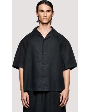 MKI Miyuki-Zoku Box Fit Linen Short Sleeve Vacation Shirt - Black