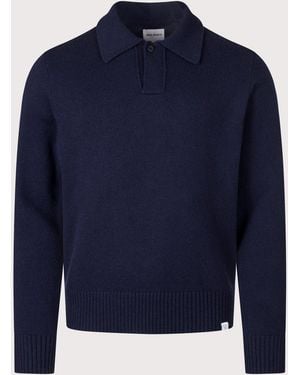 Norse Projects Relaxed Fit Ristinge Long Sleeve Merino Knitted Polo Shirt - Blue
