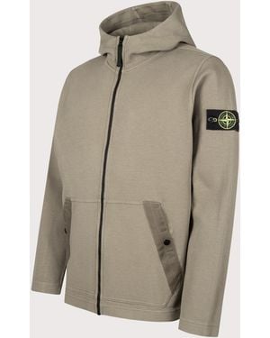 Stone Island Organic Cotton Interlock Zip Through Hoodie - Natural