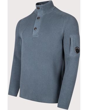 C.P. Company Full Rib Cotton Half Button Lens Jumper - Blue