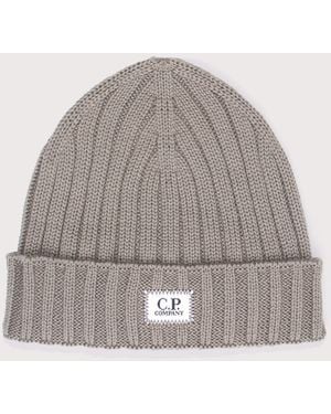 C.P. Company Extrafine Merino Wool Logo Beanie - Grey