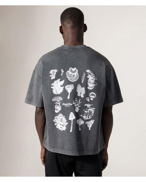 Faded Relaxed Fit Mushroom Sketch T-Shirt - Blue