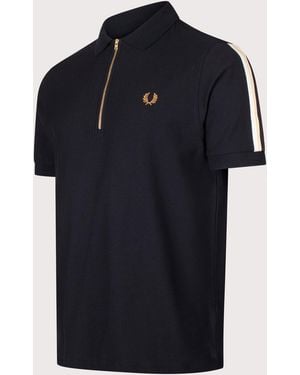 Fred Perry Regular Fit Zip Neck Tipped Tape Polo Shirt - Blue