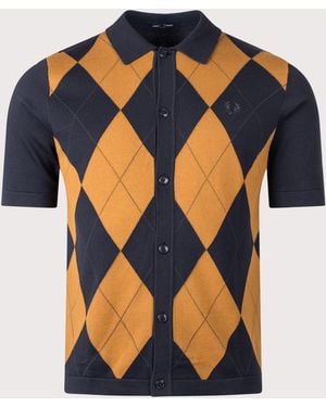 Fred Perry Regular Fit Argyle Button Through Knitted Shirt - Blue