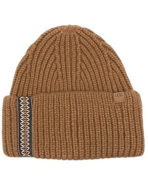 UGG Ribbed-Knit Embroidered-Trim Beanie Hat - Brown