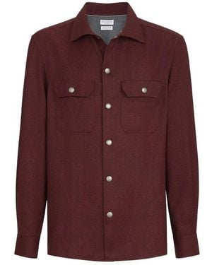 Brunello Cucinelli Virgin Wool Flannel Overshirt With Spread Collar And Chest Pockets - Purple